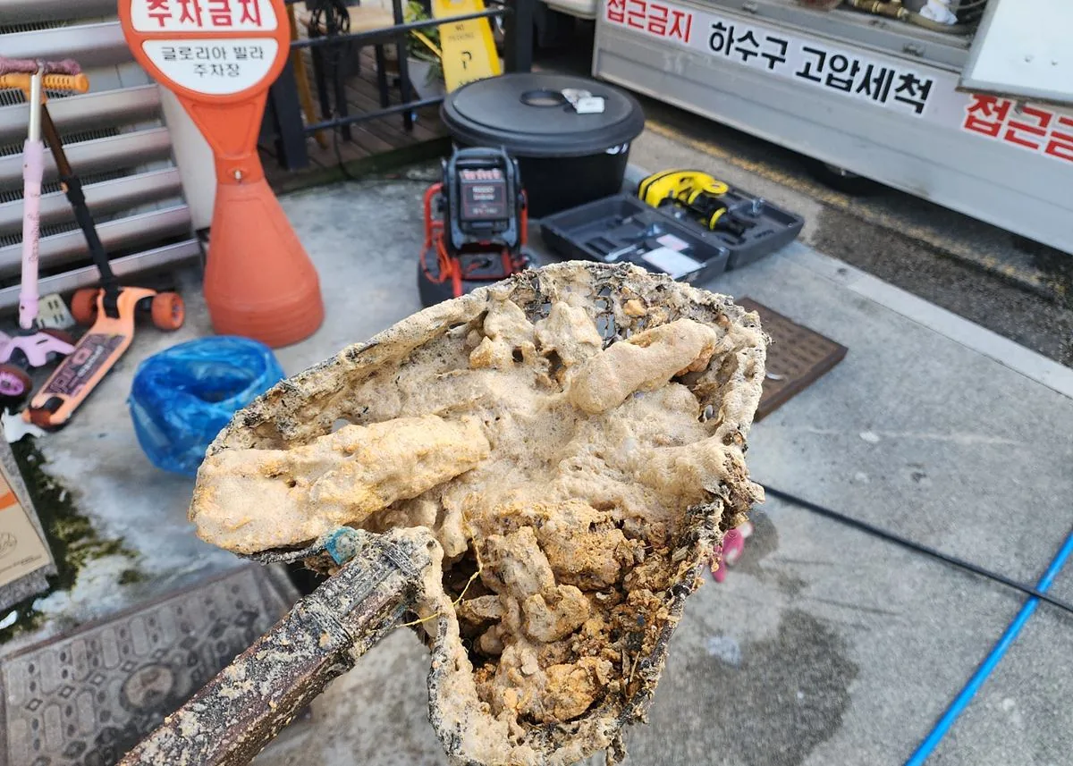 장흥 관산읍 식당 고압세척 중 뜰채로 큰 기름덩어리를 건져내는 모습